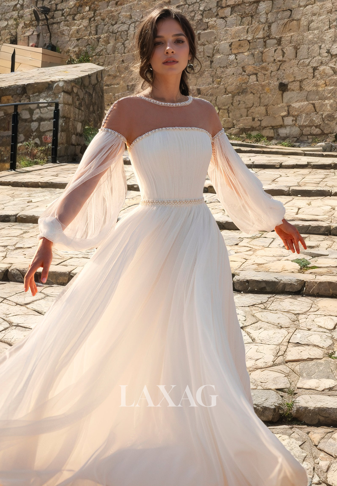 A-Linie Long Sleeves Tulle Beaded illsuion Elegant Wedding Dress with Train - Fashionpara