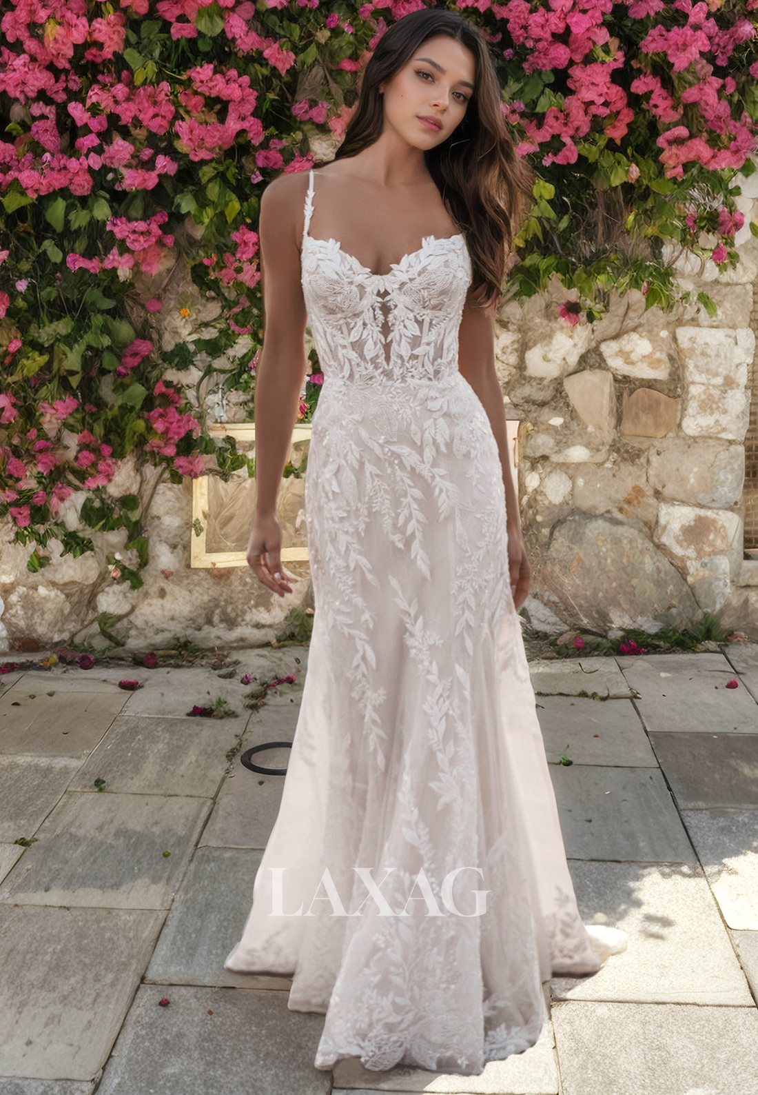 A-Linie Straps Backless Lace Tulle Elegant Wedding Dress with Train - Fashionpara