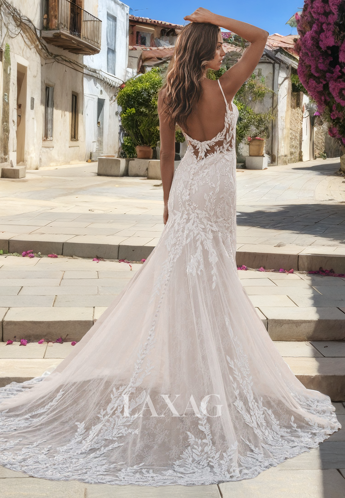 A-Linie Straps Backless Lace Tulle Elegant Wedding Dress with Train - Fashionpara