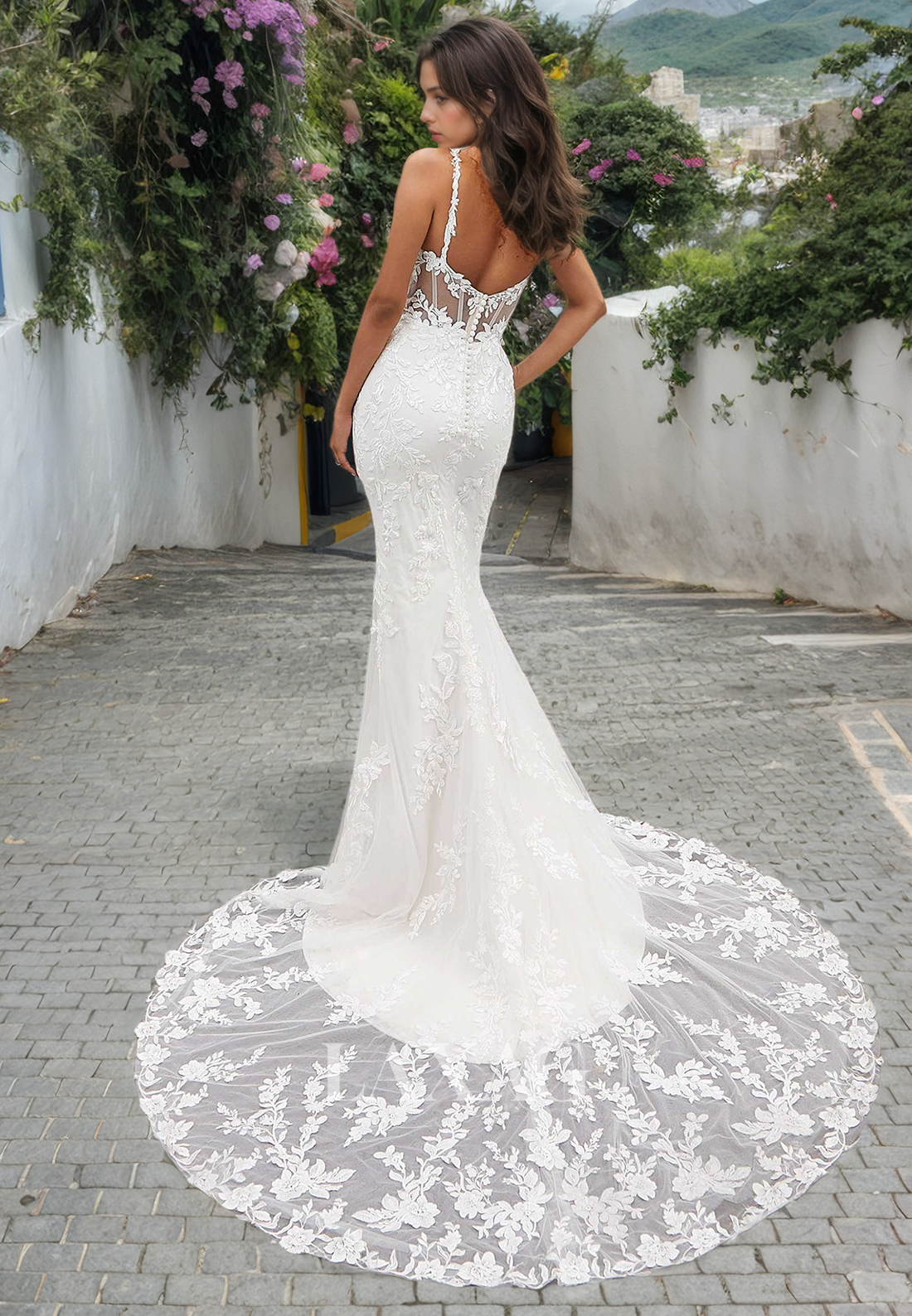 A-Linie Straps Open Back Lace Tulle Mermaid Wedding Dress with Train - Fashionpara