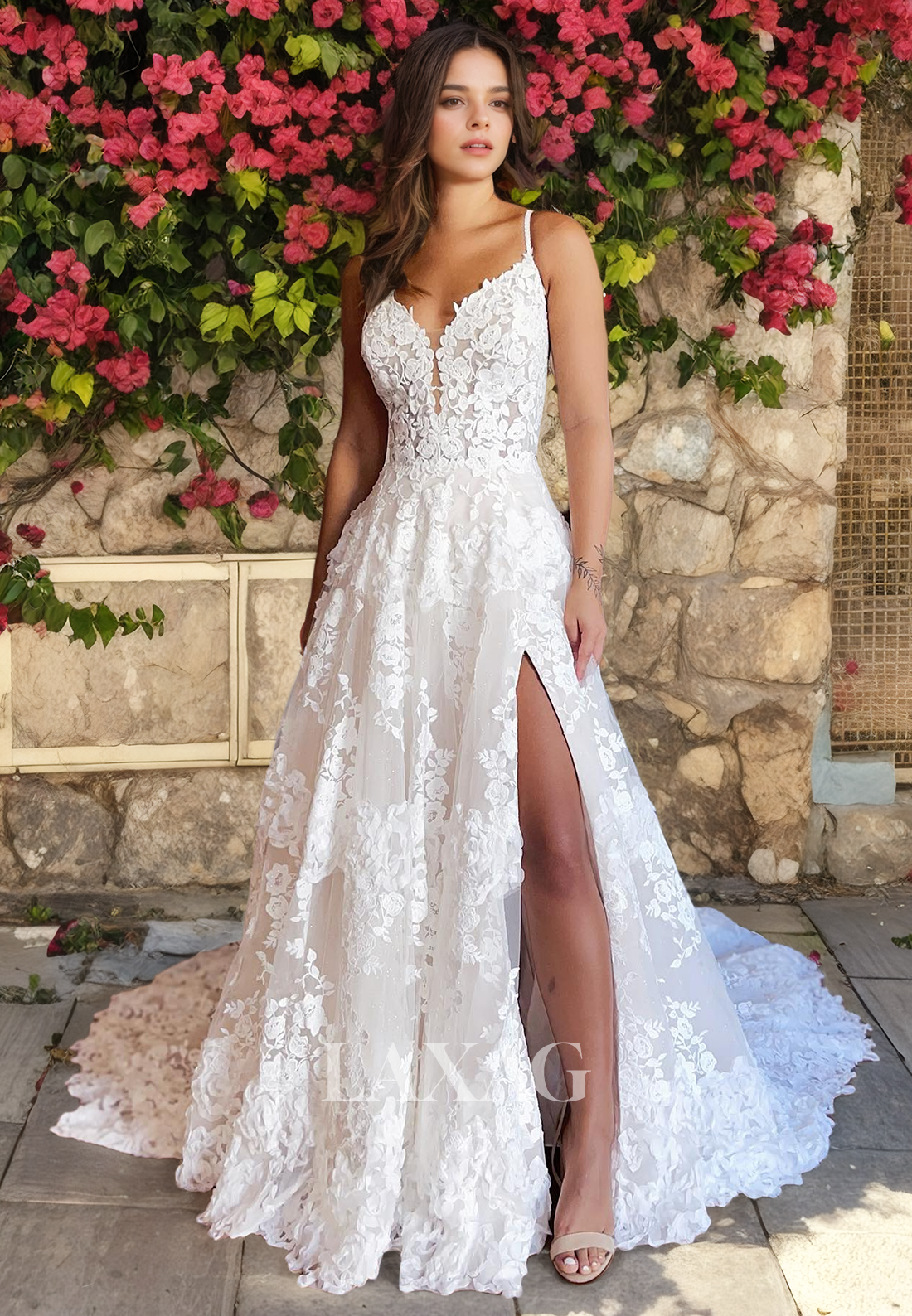 A-Line Spaghetti Straps Sweetheart Open-Back High Slit Lace Wedding Dress with Train - Fashionpara