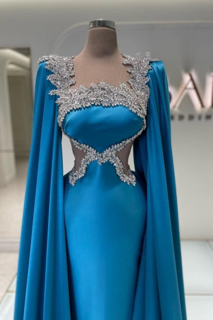 Amazing Long Blue Satin Rhinestone Evening Dress Designer Style - Fashionpara