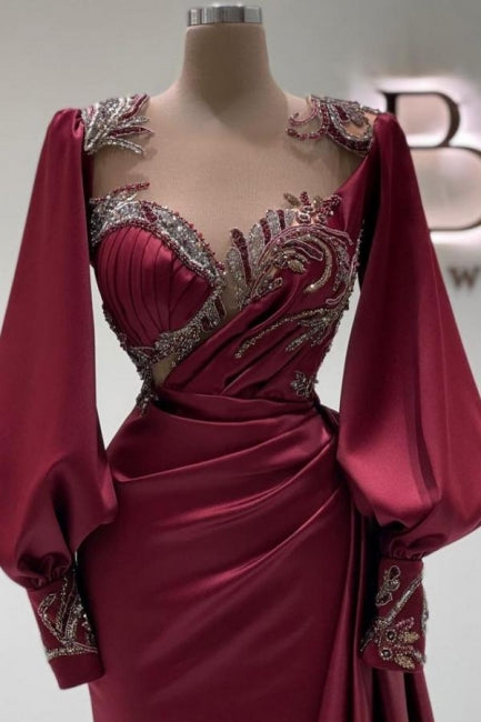 Amazing Long Burgundy Mermaid Beaded Lace Prom Dress with Long Sleeves - Fashionpara