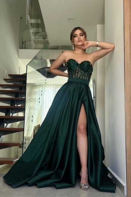 Amazing Long Dark Green A-line Strapless Lace Prom Dress with Side Slit - Fashionpara