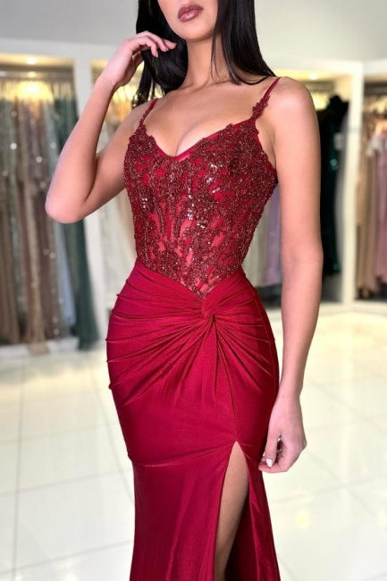 Amazing Long Mermaid Burgundy Spaghetti Straps Lace Prom Gown with Slit