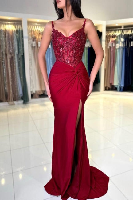 Amazing Long Mermaid Burgundy Spaghetti Straps Lace Prom Gown with Slit - Fashionpara