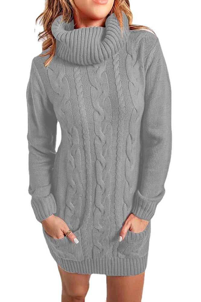 Autumn Winter High Neck Knitted Sweater Dress