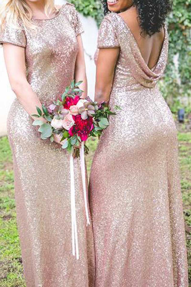 B4216 - Scoop Short Sleeves Sequined Sheath Long Bridesmaid Dress - Fashionpara