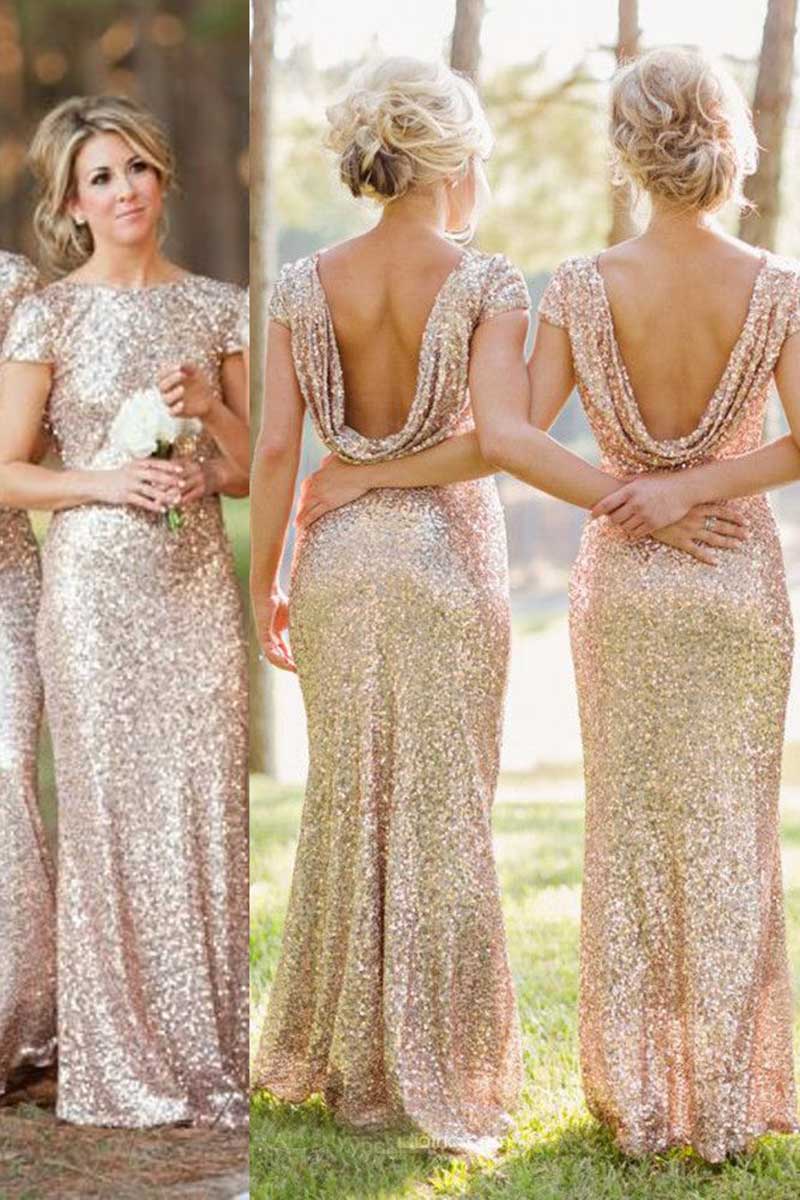 B4216 - Scoop Short Sleeves Sequined Sheath Long Bridesmaid Dress - Fashionpara