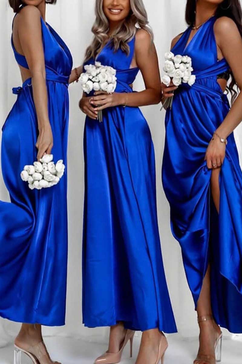 B4219 - V-Neck Sleeveless Ruched Satin A-Line Long Bridesmaid Dress - Fashionpara