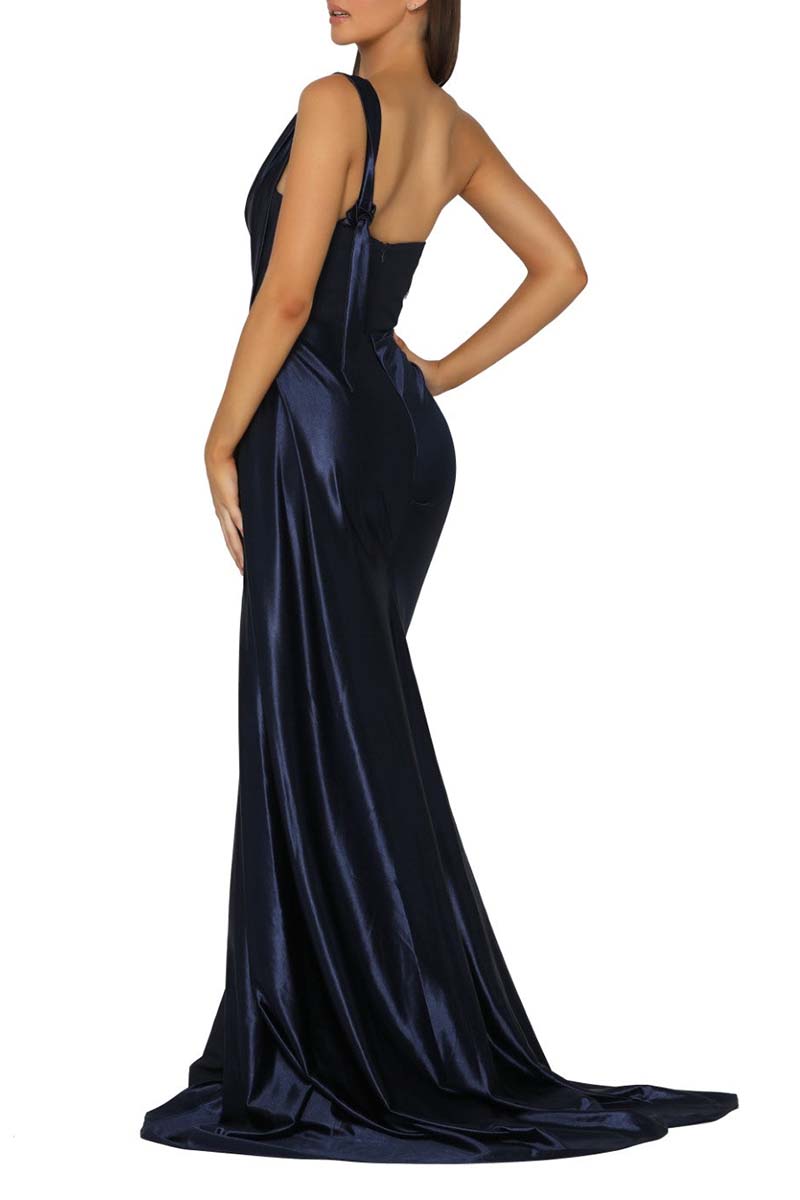 B4226 - Sweetheart One Shoulder Ruched Satin Sheath Long Bridesmaid Dress - Fashionpara