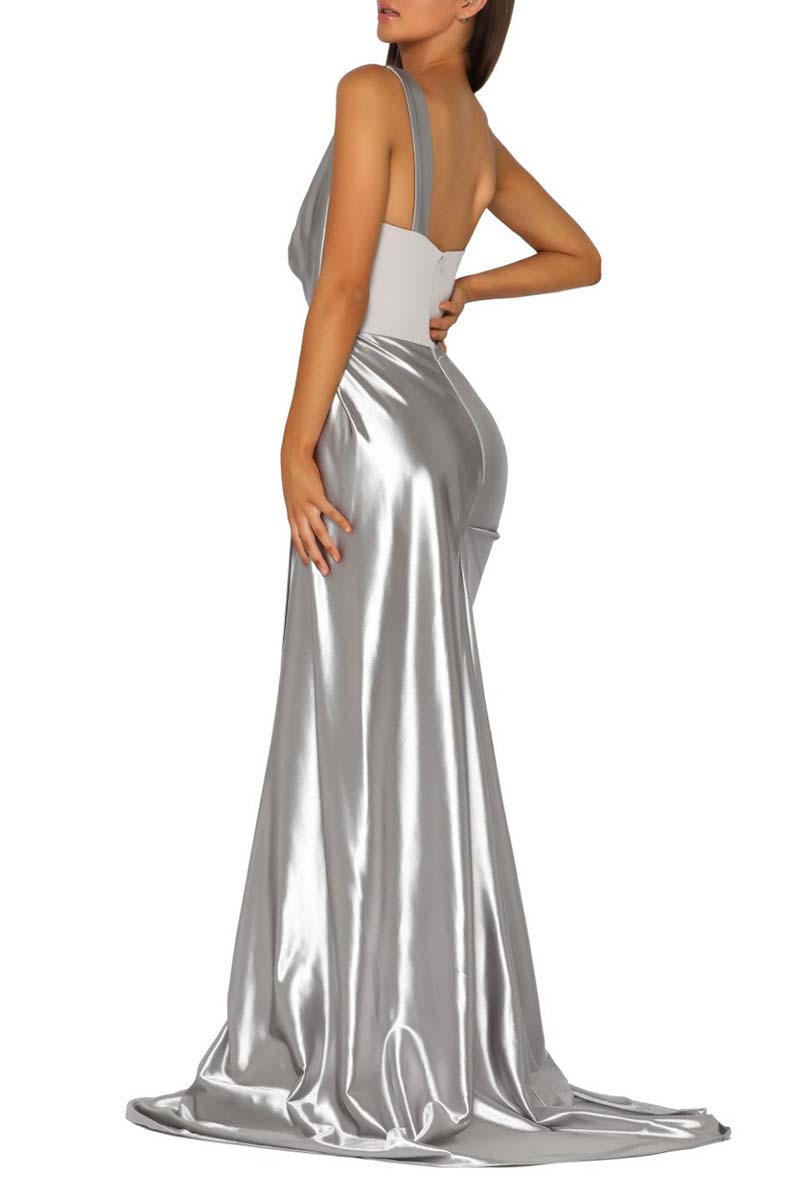 B4227 - Sweetheart One Shoulder Ruched Satin Sheath Long Bridesmaid Dress - Fashionpara