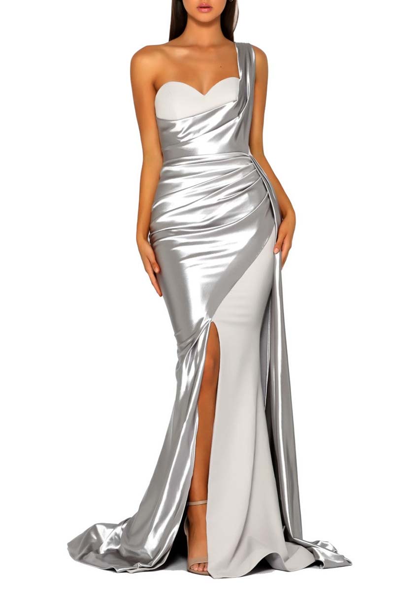 B4227 - Sweetheart One Shoulder Ruched Satin Sheath Long Bridesmaid Dress - Fashionpara