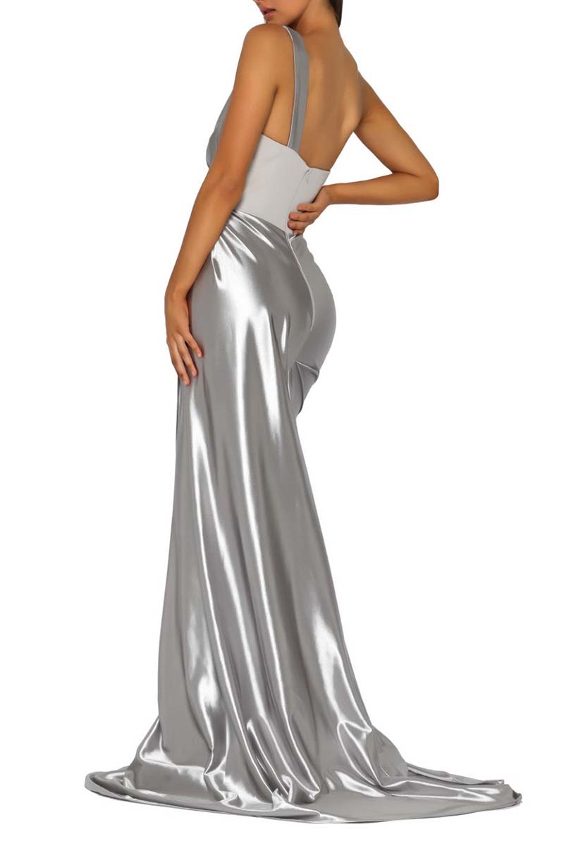 B4227 - Sweetheart One Shoulder Ruched Satin Sheath Long Bridesmaid Dress - Fashionpara