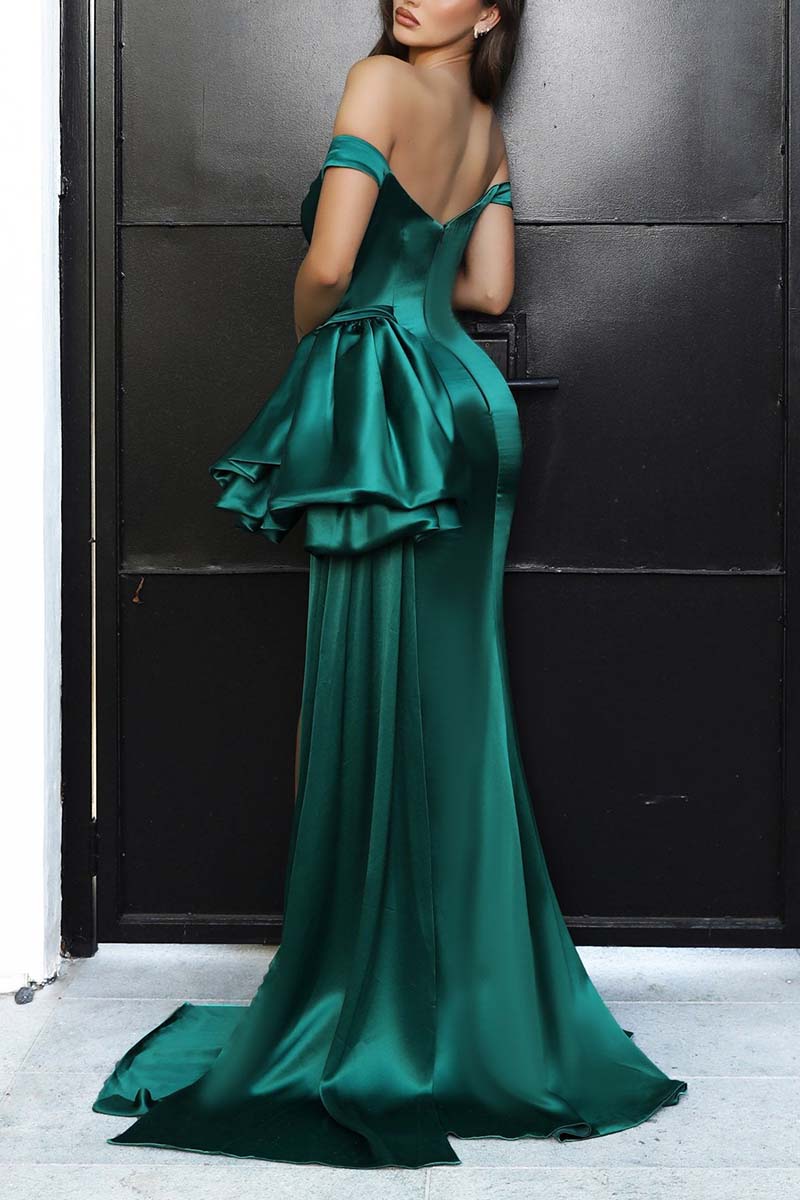 B4231 - Off-Shoulder Sleeveless Ruched Satin Sheath Long Bridesmaid Dress - Fashionpara