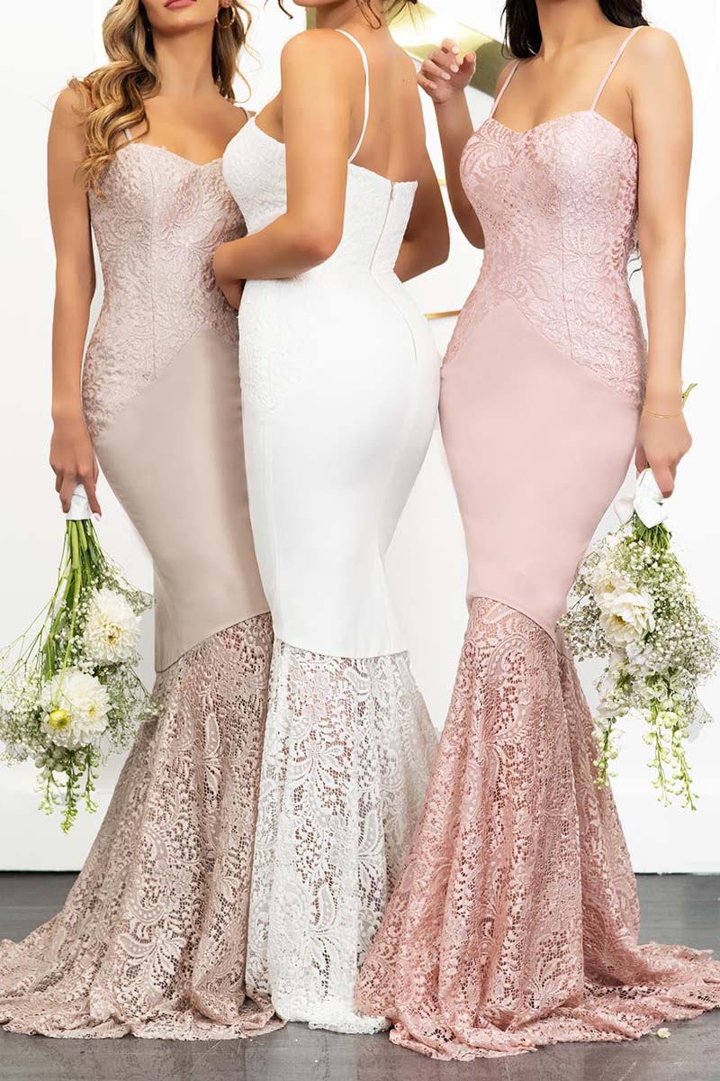 B4238 - Sweetheart Lace Appliqued Satin Mermaid Long Bridesmaid Dress