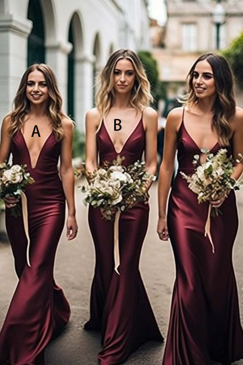 B4246 - V-Neck Spaghetti Straps Satin Mermaid Long Bridesmaid Dress