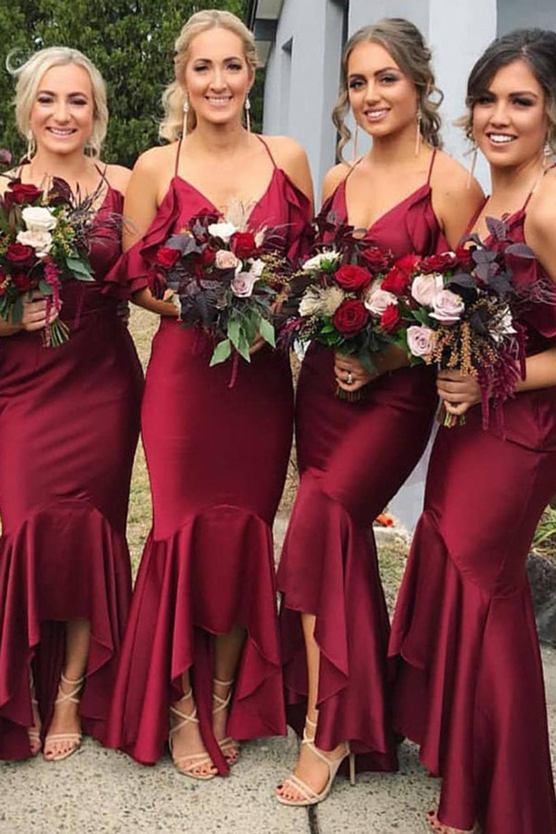 B4276 - V-Neck Off-Shoulder Sleeveless Satin Mermaid Long Bridesmaid Dress