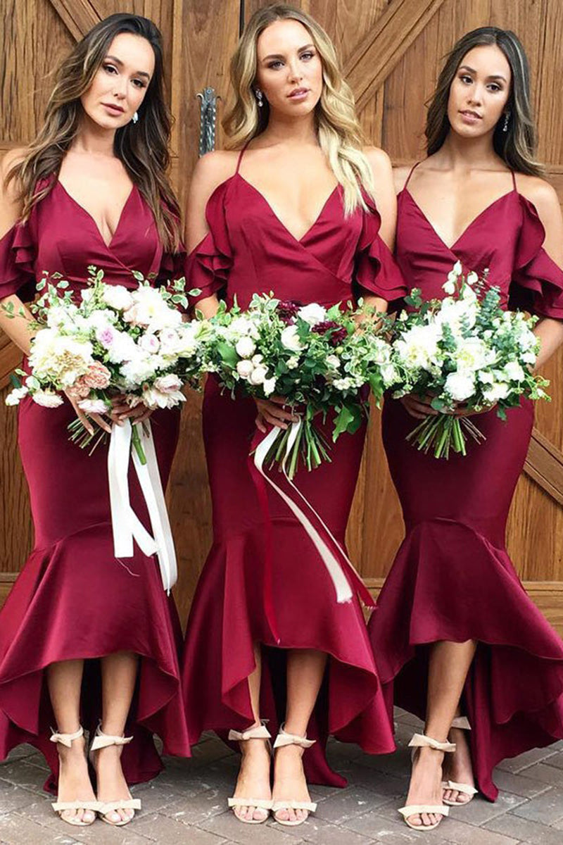 B4276 - V-Neck Off-Shoulder Sleeveless Satin Mermaid Long Bridesmaid Dress