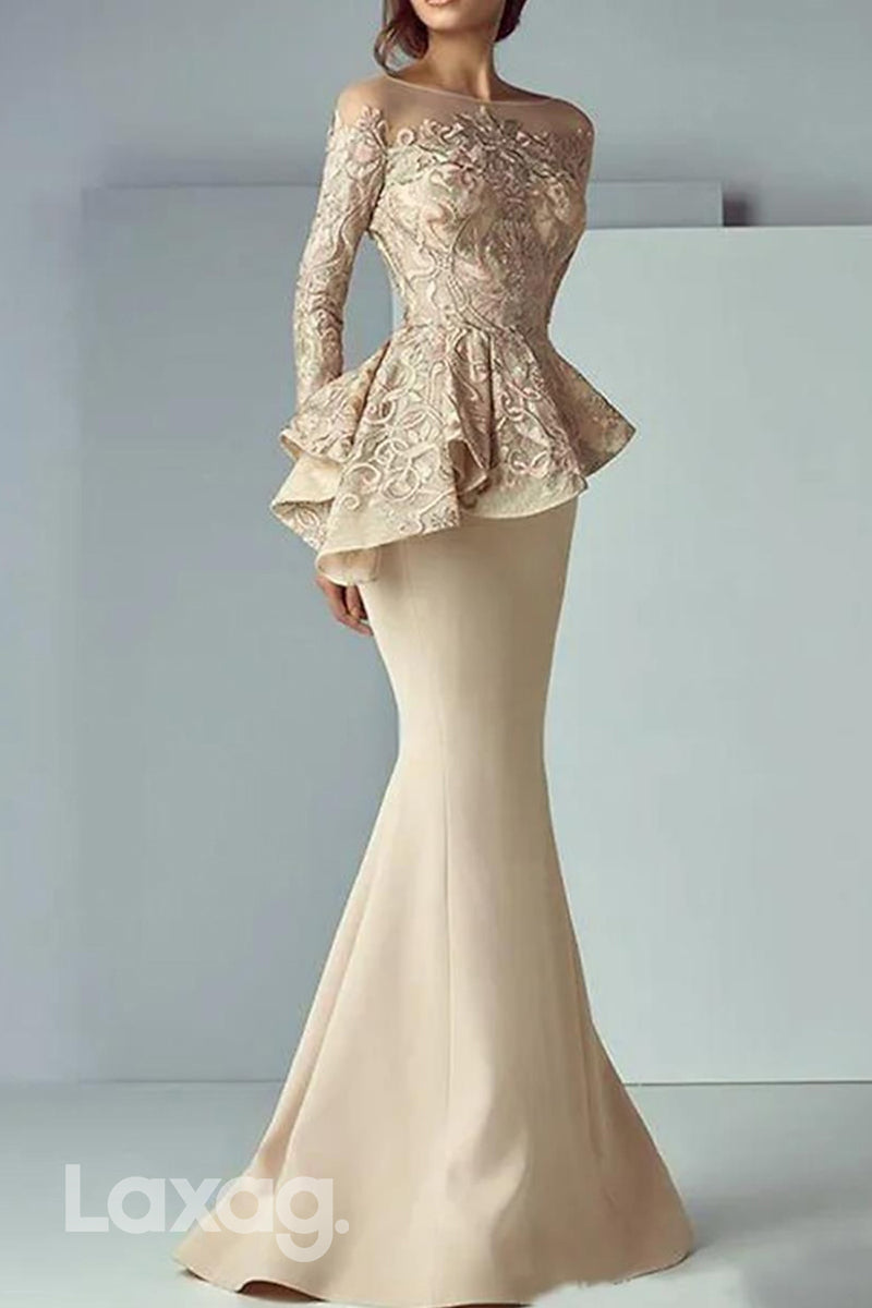 22736 - Bateau Long Sleeves Appliques Sleek Satin Mermaid Mother of the Bride Dress - Fashionpara