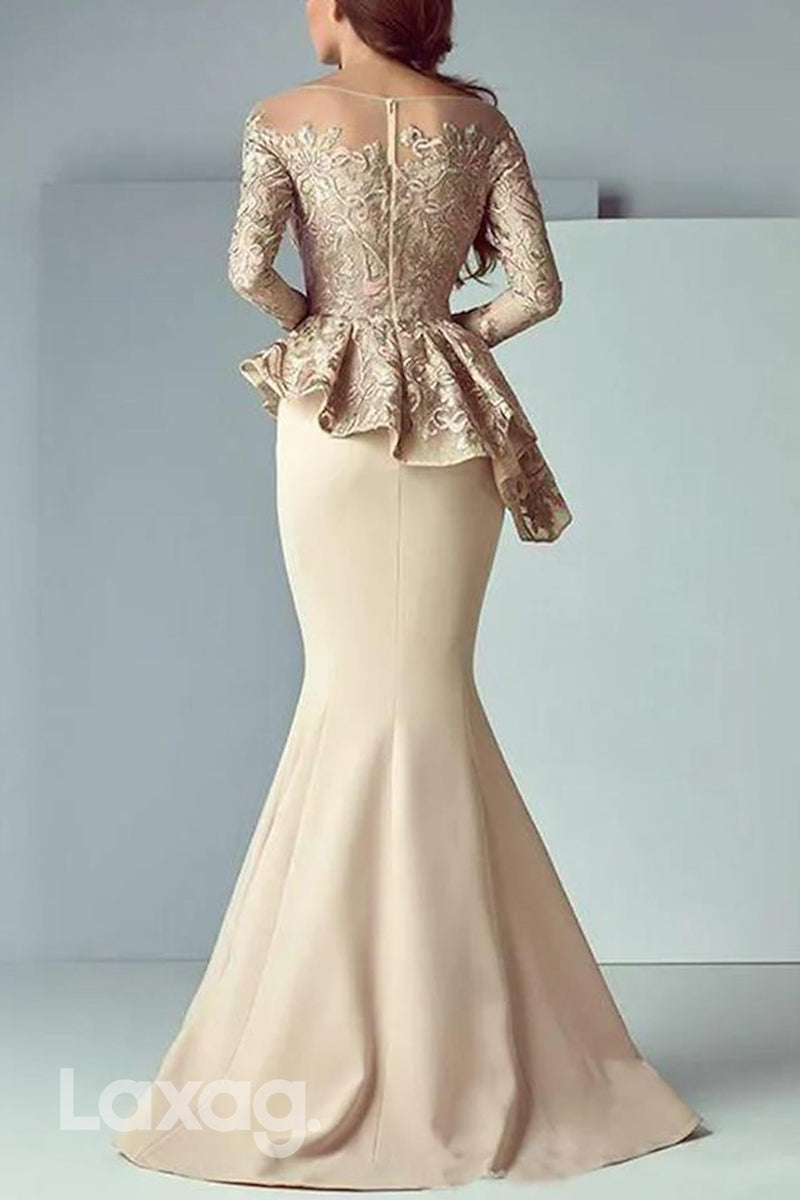 22736 - Bateau Long Sleeves Appliques Sleek Satin Mermaid Mother of the Bride Dress - Fashionpara