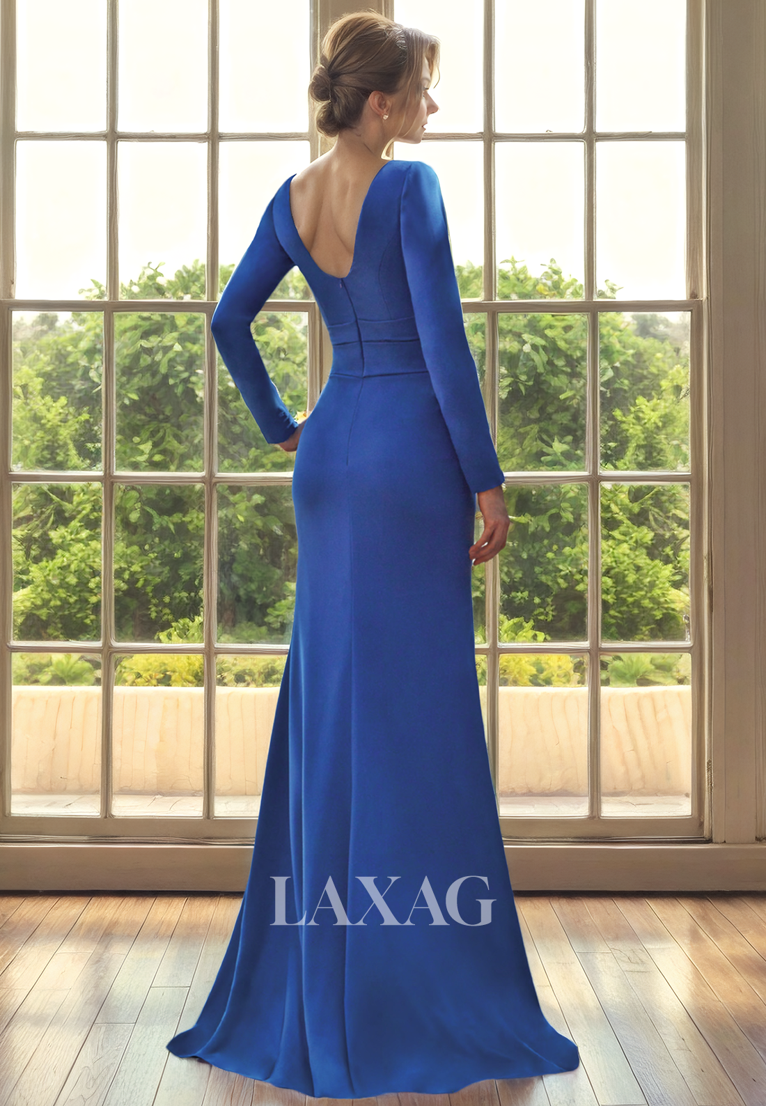 Bateau Long Sleeves Sleek Satin ELegant Mother of the Bride Dress with Train - Fashionpara