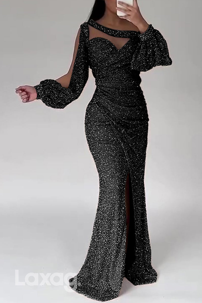 22509 - Bateau illusion Cutoutt Sequins Mermaid Mother of the Bride Dress with Slit - Fashionpara