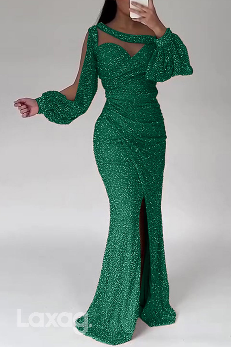 22509 - Bateau illusion Cutoutt Sequins Mermaid Mother of the Bride Dress with Slit - Fashionpara