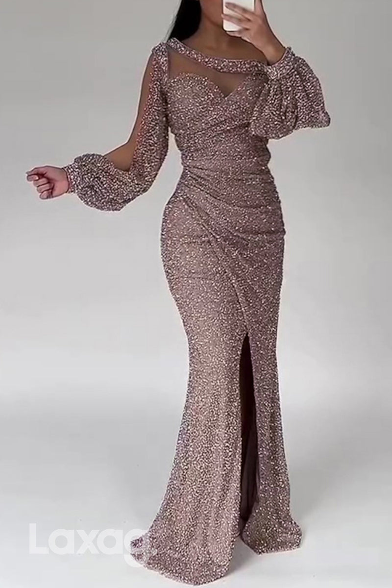 22509 - Bateau illusion Cutoutt Sequins Mermaid Mother of the Bride Dress with Slit - Fashionpara