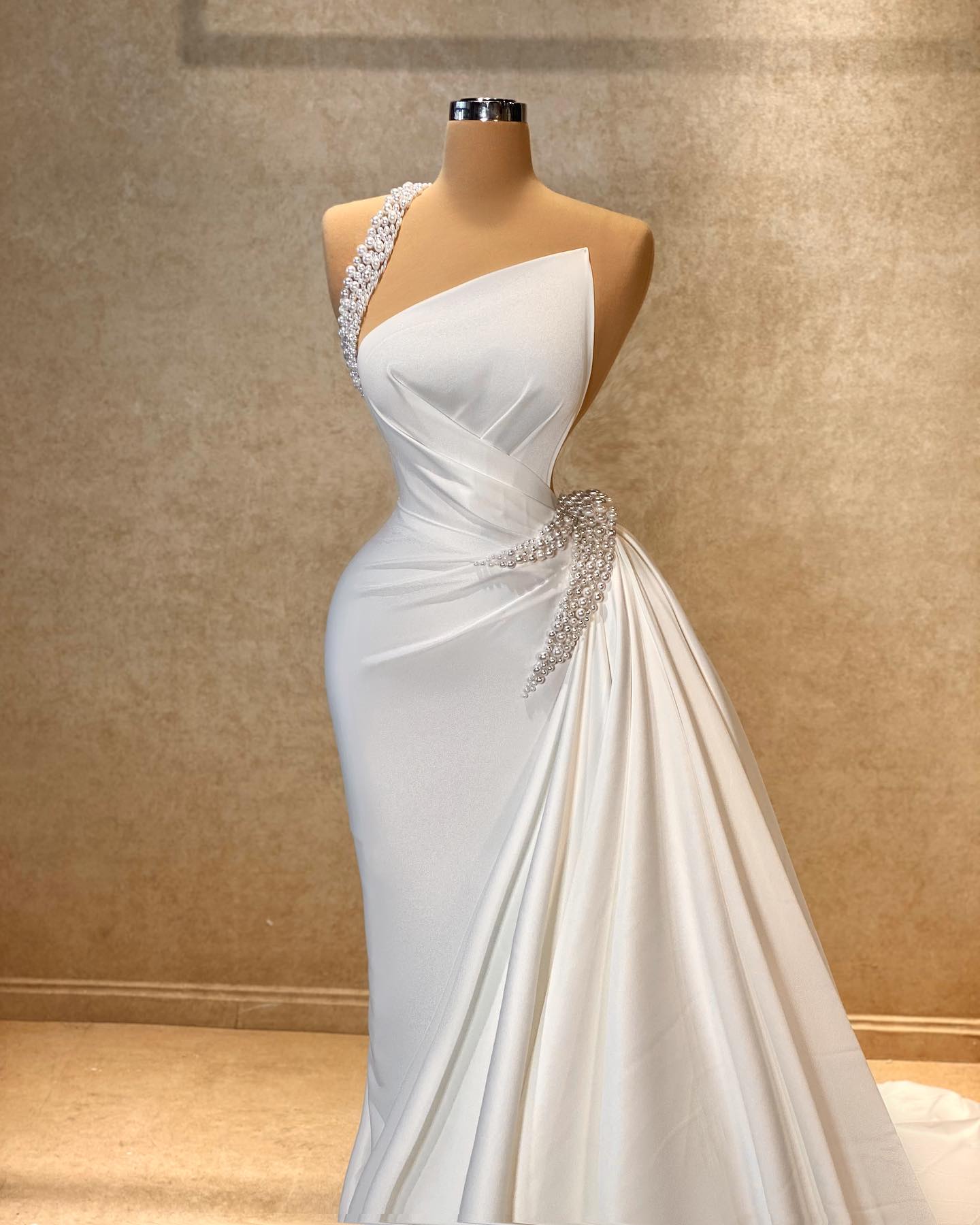 Stunning A-line One Shoulder Sleeveless Rhinestone Satin Train White Long Prom Dress - Fashionpara