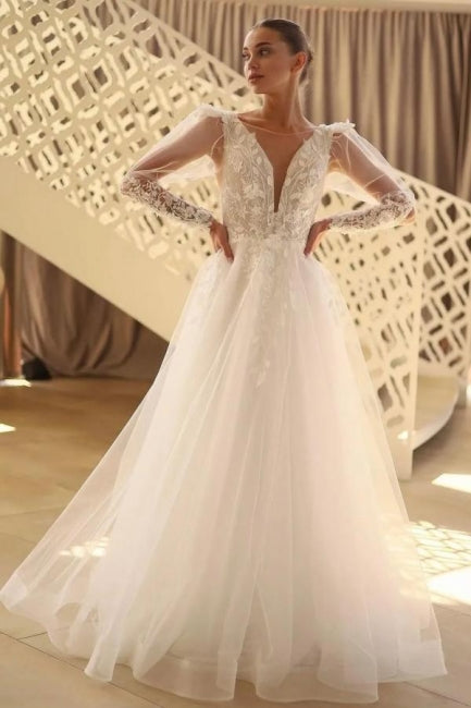 Beautiful Long A-line V-neck Lace Tulle Wedding Dress with Long Sleeves