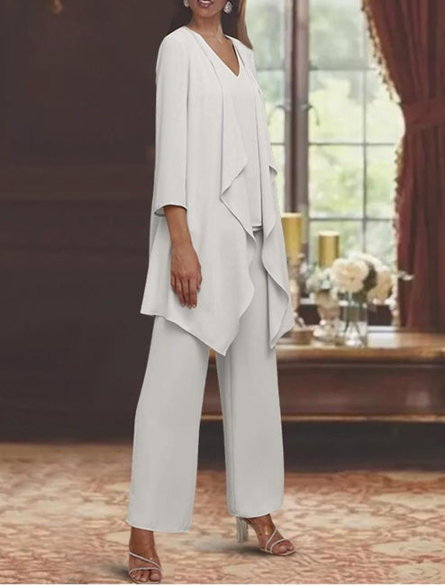 Beautiful Long Chiffon Simple Mother of the Bride Suit with Elegant Wrap - Fashionpara