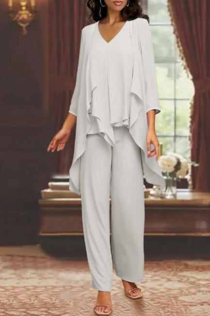 Beautiful Long Chiffon Simple Mother of the Bride Suit with Elegant Wrap - Fashionpara