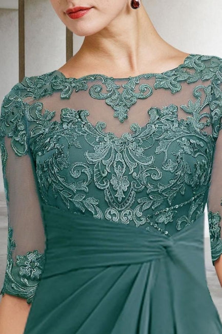 Beautiful Long Green A-line Lacy Chiffon Dress with Elegant Sleeves for Mother of the Bride - Fashionpara