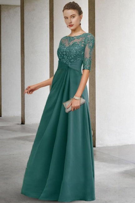 Beautiful Long Green A-line Lacy Chiffon Dress with Elegant Sleeves for Mother of the Bride - Fashionpara