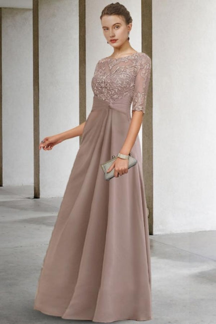 Beautiful Long Green A-line Lacy Chiffon Dress with Elegant Sleeves for Mother of the Bride - Fashionpara