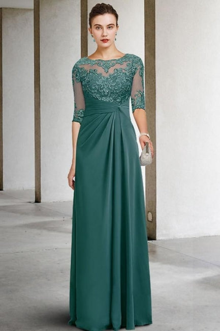 Beautiful Long Green A-line Lacy Chiffon Dress with Elegant Sleeves for Mother of the Bride - Fashionpara