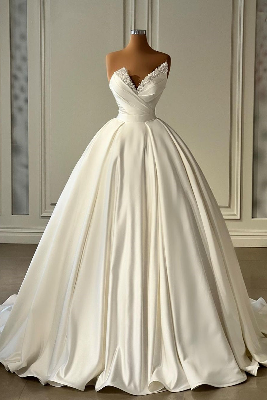 Beautiful Long Ivory A-line Satin Princess Wedding Dress with Pearl Details