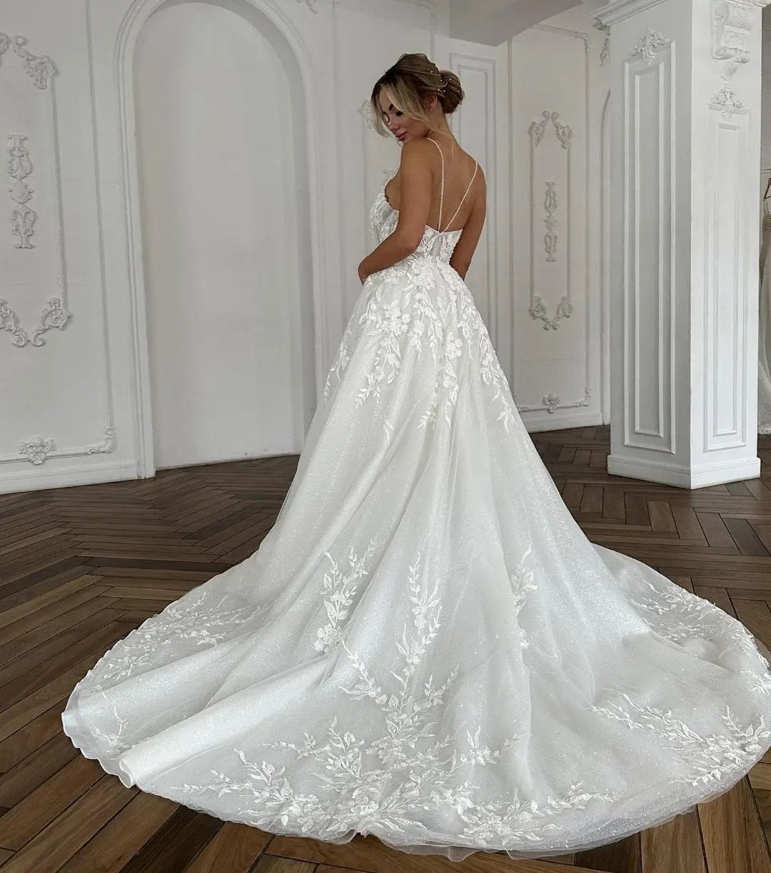 Beautiful Long Ivory A-line Spaghetti Strap V-neck Wedding Dress with Lace