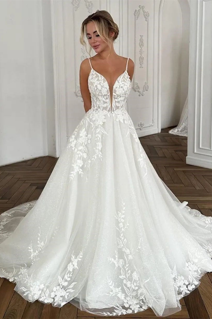 Beautiful Long Ivory A-line Spaghetti Strap V-neck Wedding Dress with Lace