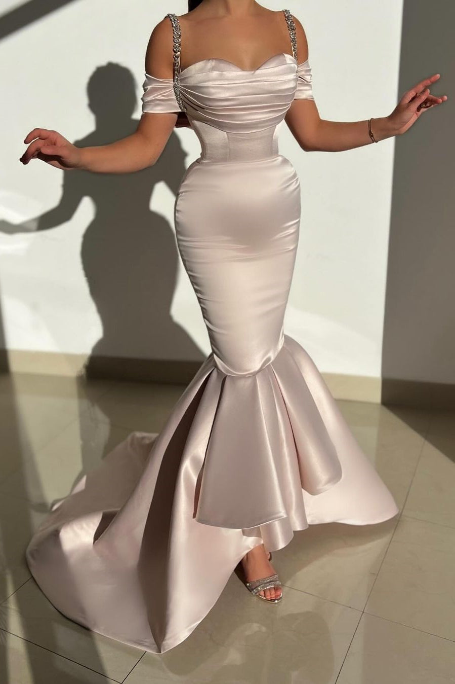 Beautiful Long Mermaid Off-the-shoulder Satin Dress with Train for Prom - Fashionpara