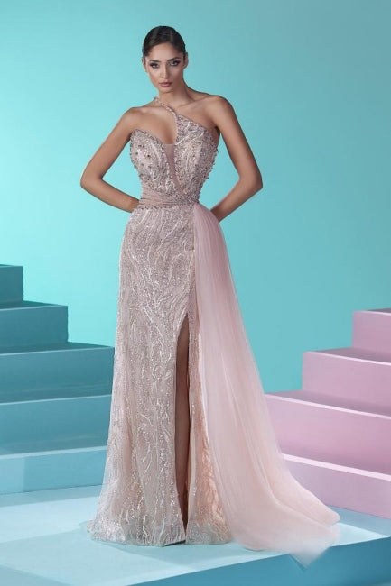 Stunning Long Mermaid One Shoulder Lace Tulle Prom Dress with Slit - Fashionpara