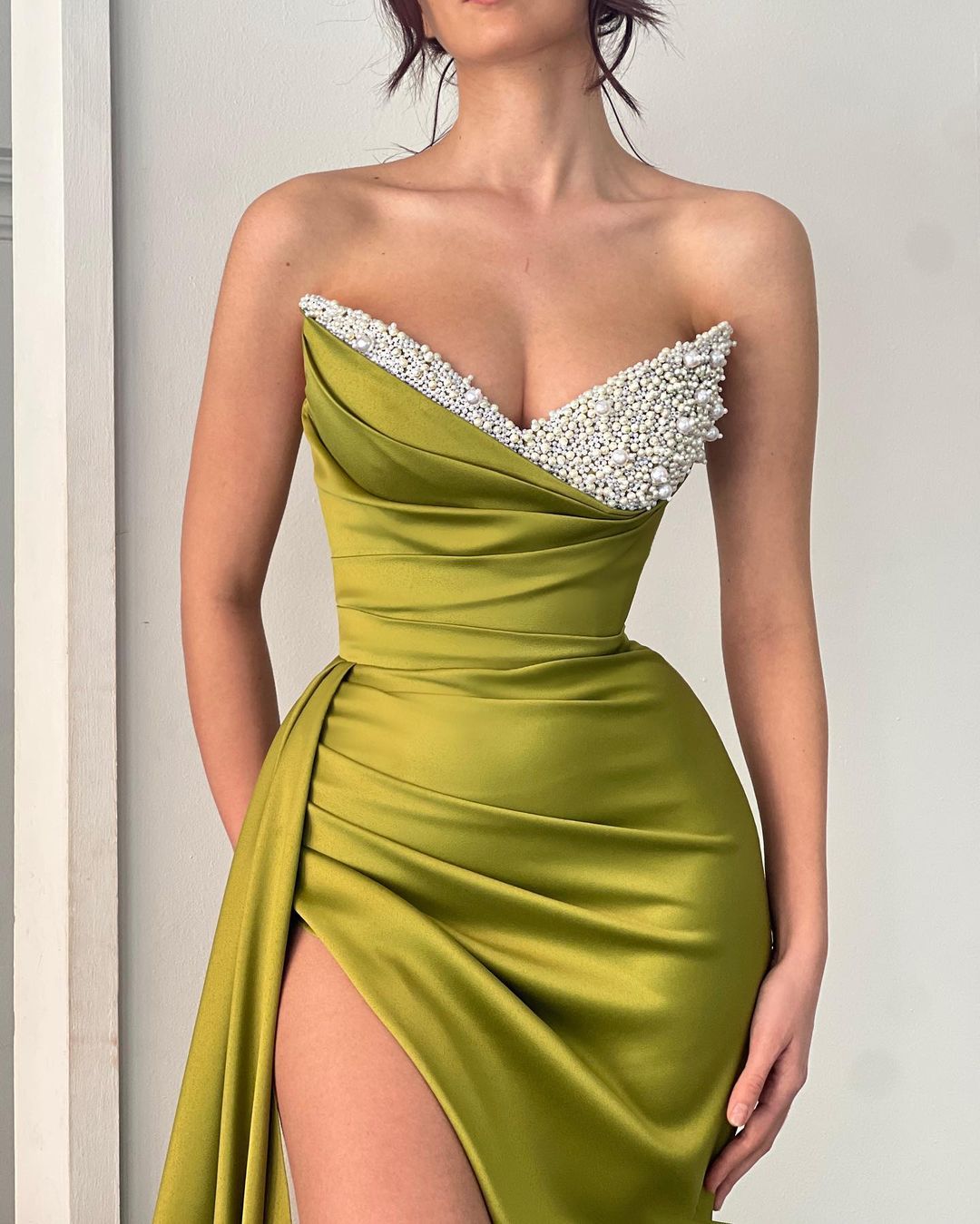 Beautiful Long Mermaid Dress With Sleeveless Designer Satin And Pearls Detailing Plus Slit - Fashionpara