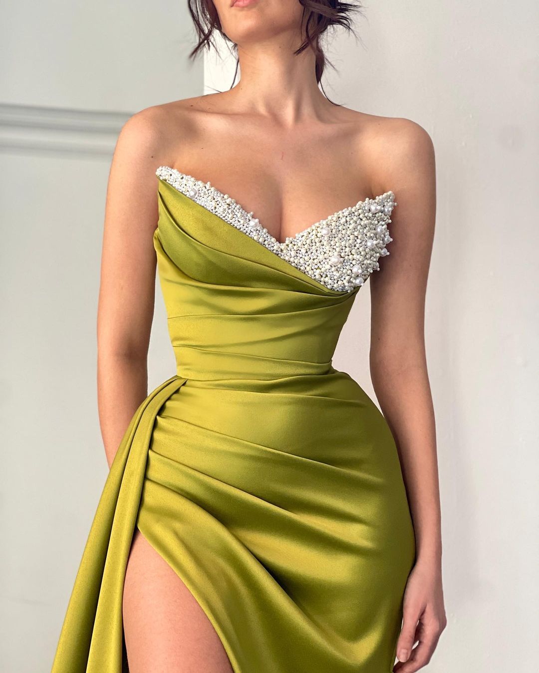 Beautiful Long Mermaid Dress With Sleeveless Designer Satin And Pearls Detailing Plus Slit - Fashionpara