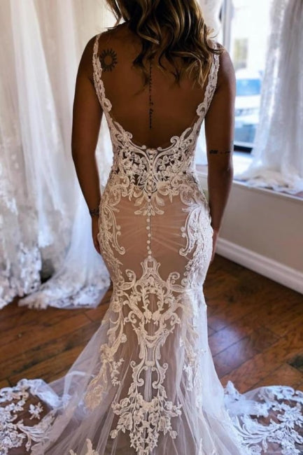 Beautiful Long Mermaid V-neck Sleeveless Lace Backless Wedding Dress with Flowing Train - Fashionpara