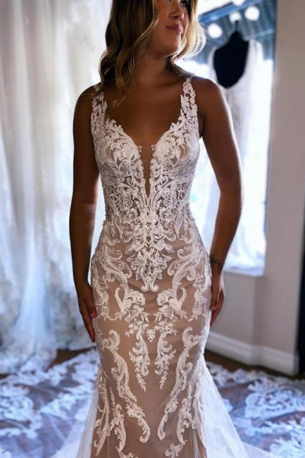 Beautiful Long Mermaid V-neck Sleeveless Lace Backless Wedding Dress with Flowing Train - Fashionpara