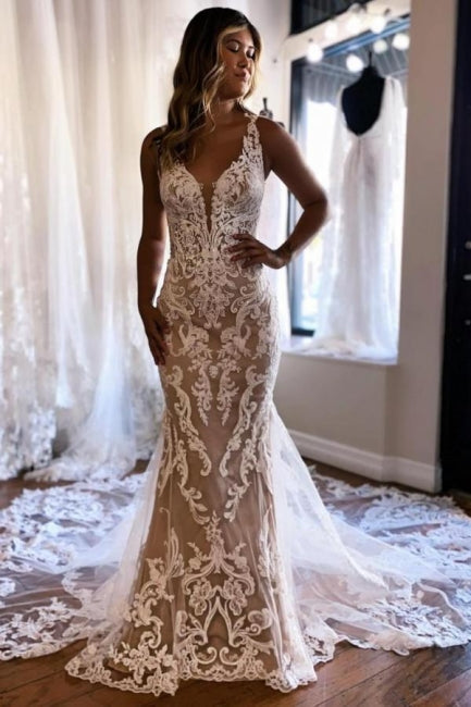 Beautiful Long Mermaid V-neck Sleeveless Lace Backless Wedding Dress with Flowing Train - Fashionpara