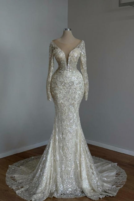 Stunning Long White Mermaid V-neck Lace Glitter Prom Dress with Long Sleeves - Fashionpara