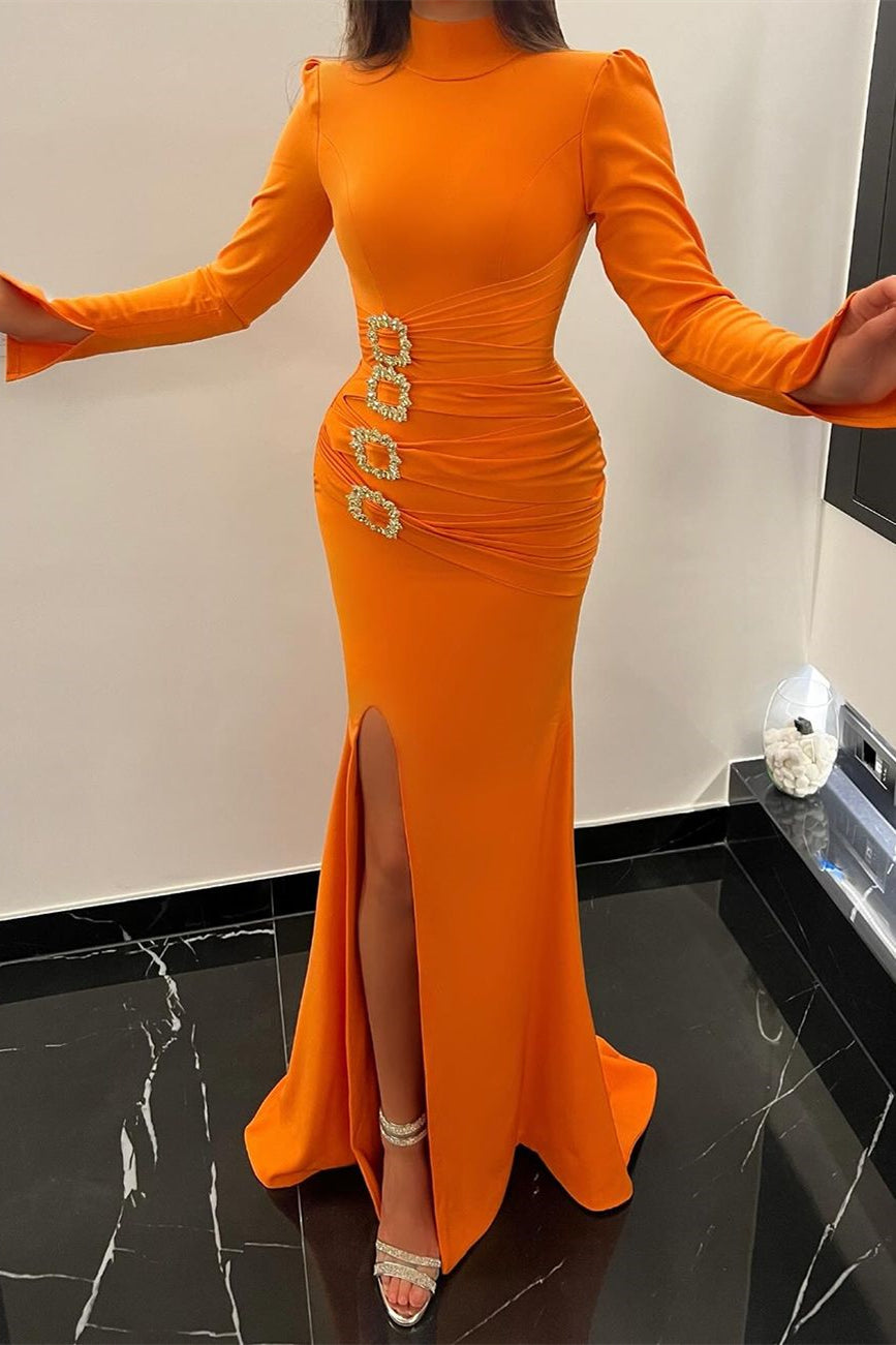 Beautiful Long Orange Mermaid Dress With High Neck Satin Fabric Long Sleeves And Side Slit