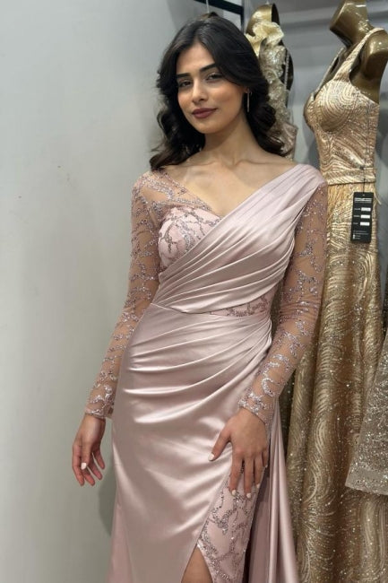 Beautiful Long Pink Mermaid Glitter Lace Split Front Prom Dress with Long Sleeves - Fashionpara